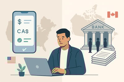 A modern professional illustration showing a Canadian small business owner working on a laptop comparing a sleek digital banking interface on one side-1